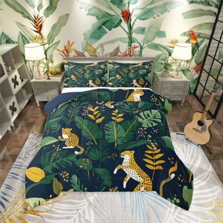 Castle Fairy Animal Cheetah 3-Piece Full Size Comforter Sets Botanical Plants Bedding Comforter Set Woodland Wildlife Lightweight Bedding Sets Ultra Soft Cartoon Home Decor Reversible
