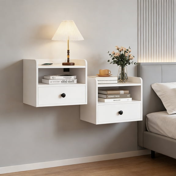 Vabches Modern Floating Nightstand Set of 2, Wall Mounted Bedside Table with Charging Station and Drawer for Bedroom