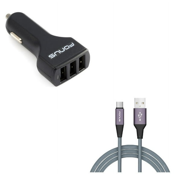 3-Port USB 36W Car Charger w Charger Cord Type-C 10ft USB Cable D6D for LG Stylo 5 4 Plus - Microsoft Surface Go (10"), Lumia 950 - Motorola One, Moto Z4 Z3 Play Z2 Play Z Play Droid Force