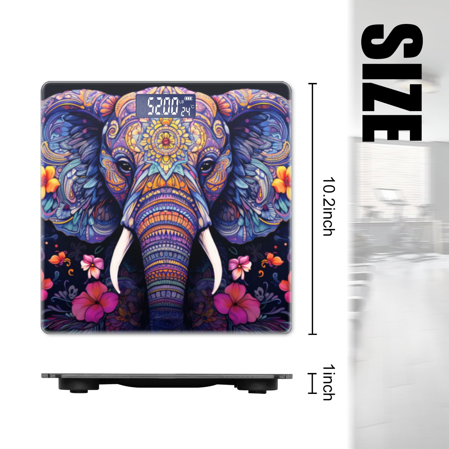 High Precision Body Weight Scale Smart Bathroom Scales with Large LCD Display(400lbs),Decorative for Bedroom-Elephant Head With Colorful Mandala Patterns With Flowers