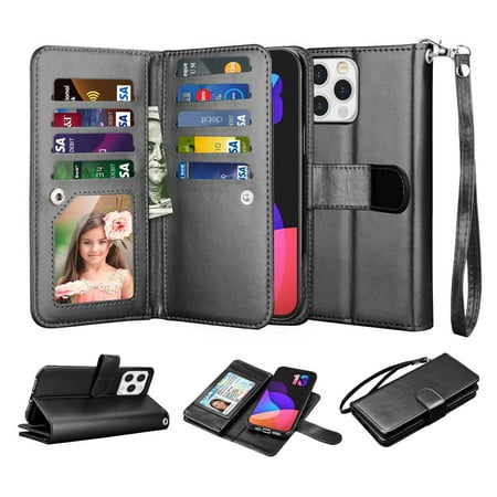 iPhone 13 Pro Max Wallet Case, iPhone 13 Pro Max PU Leather Case, Njjex Luxury PU Leather [9 Card Slots Holder ] Carrying Folio Flip Cover [Detachable Magnetic Hard Case] -Black
