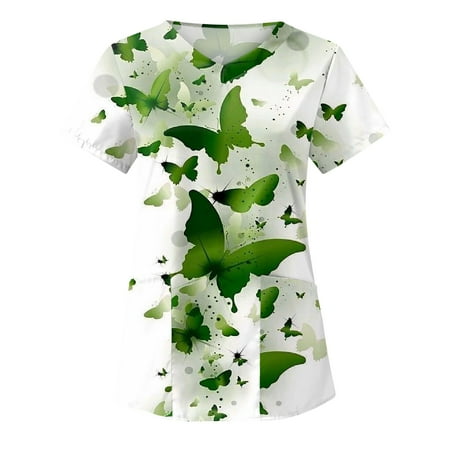 

Olyvenn Rollback Working Uniform Fashion Ladies Tunic Blouse Short Sleeve Sexy V Neck Happy St. Patrick s Day Graphic Scrub Tops for Women Slim Fit Casual Pocket Female Leisure White 10