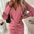 thumbnail image 4 of LLYwey Deals Clearance Wedding Dresses for Women Bride Fashion V Neck Solid Color Shirring Long Sleeve Slim Dress New Party Dresses Pinks L, 4 of 9