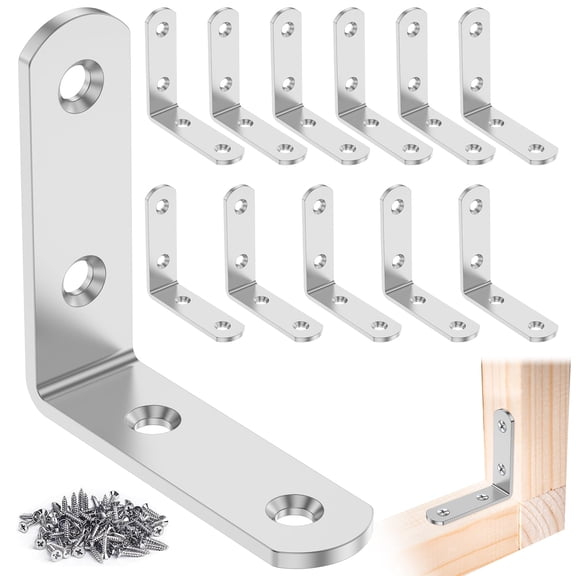 Tmwefusc 12Pcs L Bracket Corner Brace Set Stainless Steel Wood Furniture L Bracket Easy Install 90 Degree Right Angle Corner Brace with 50 Screw for Shelf Bookcase Dresser Table