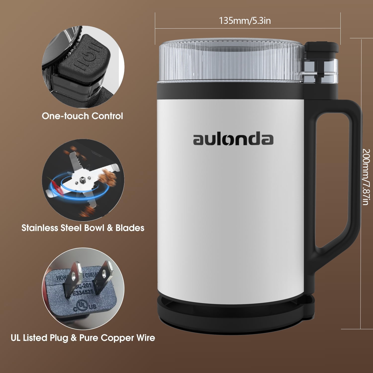 Professional Electric Coffee Grinders,10 OZ Large Capacity or Coffee Beans & Spices,One Touch Push-Button Control,350W Motor with Stainless Steel Blades,Safety Lid Lock - White