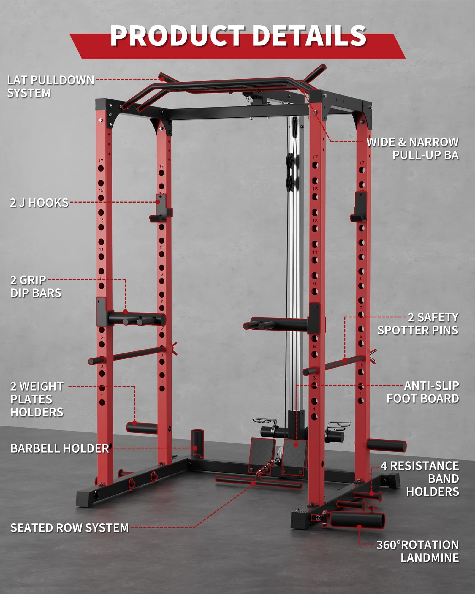 Power Cage with LAT Pull Down System, Multi-Functional Squat Rack with Low Row System, J-Hooks, Dip Bars, Pull Up Bar, 2000 LB Heavy Duty Power Rack Fitness Equipment for Home Gym