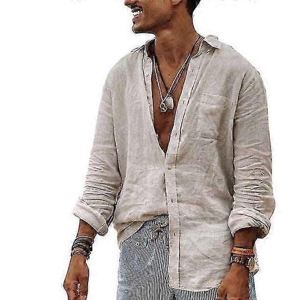 Vintage Cotton Linen Shirt Men Casual Long Sleeve Oversize Tops V Neck Boho Style Mens Shirts Men's Breathable T-shirt Plus Size