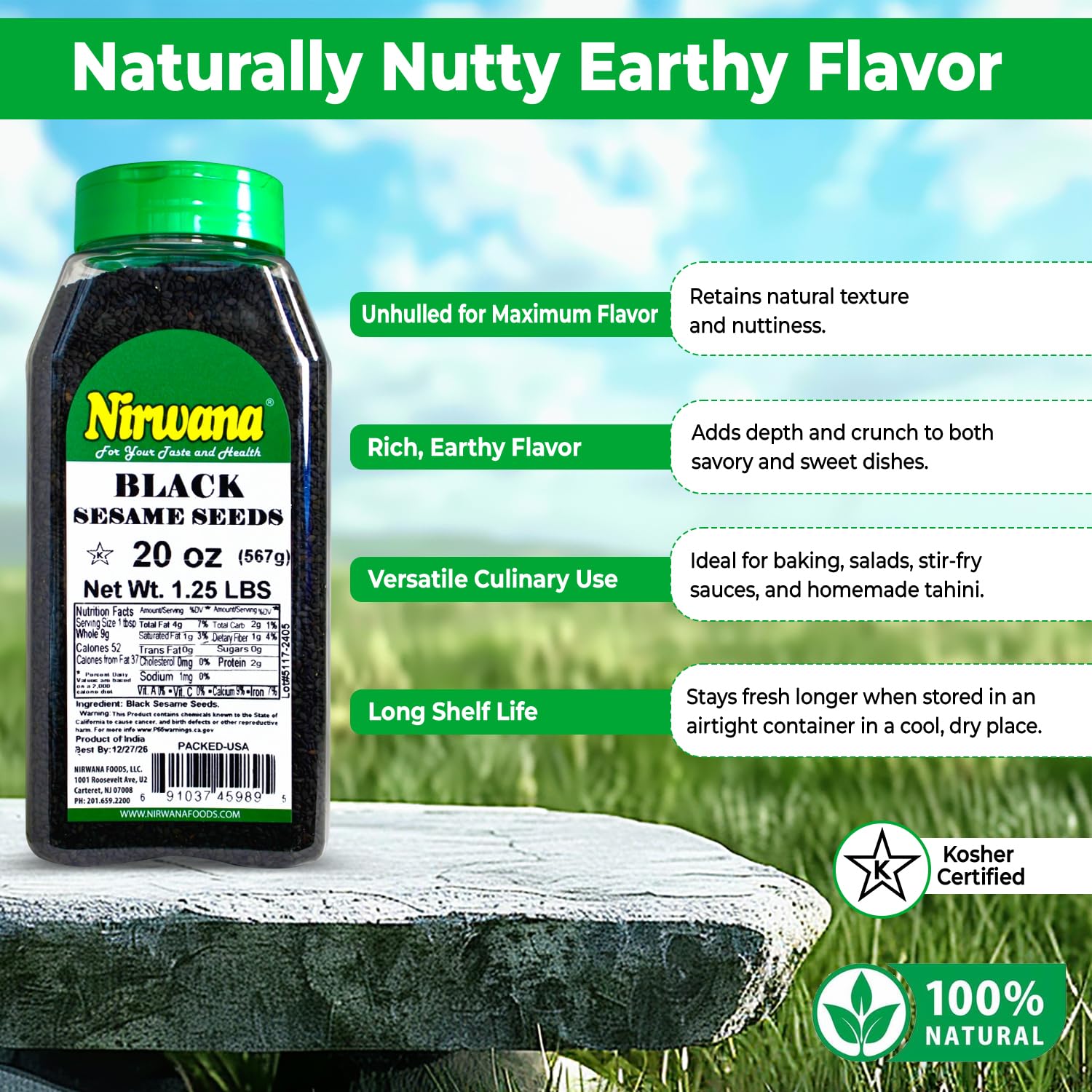 Black Sesame Seeds Naturally Grown, Rich Flavor for Cooking, Baking, and Garnishing Perfect for Sushi, Stir Fry, Salad Toppings, and Everything Bagel Seasoning 20 oz Jar by Nirwana