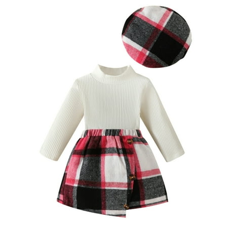 

Toddler Girls Outfit Long Sleeve Solid Knitted Sweater Tops Plaid Skirt Beret Hat 3PCS Outfits Baby Girls Fashion Clothes Set For Fall Winter