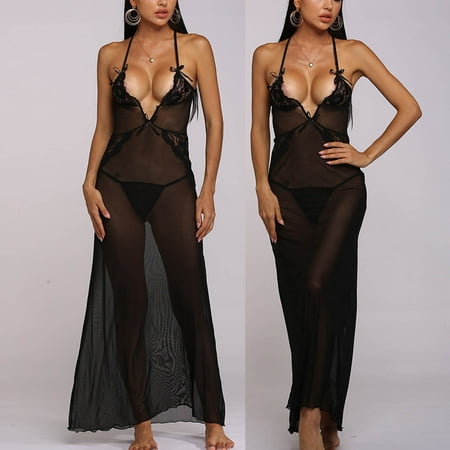

Honeeladyy Women Sexy Lace See-Through Net Yarn Sling Sexy Long Dress Underwear Suit sexy nightgowns for women