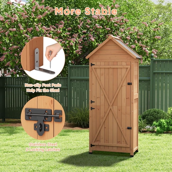 Acekid Garden Tool Shed Waterproof Wooden Outdoor Storage Shed 4 Shelves Lockable Doors Vertical Storage Cabinet
