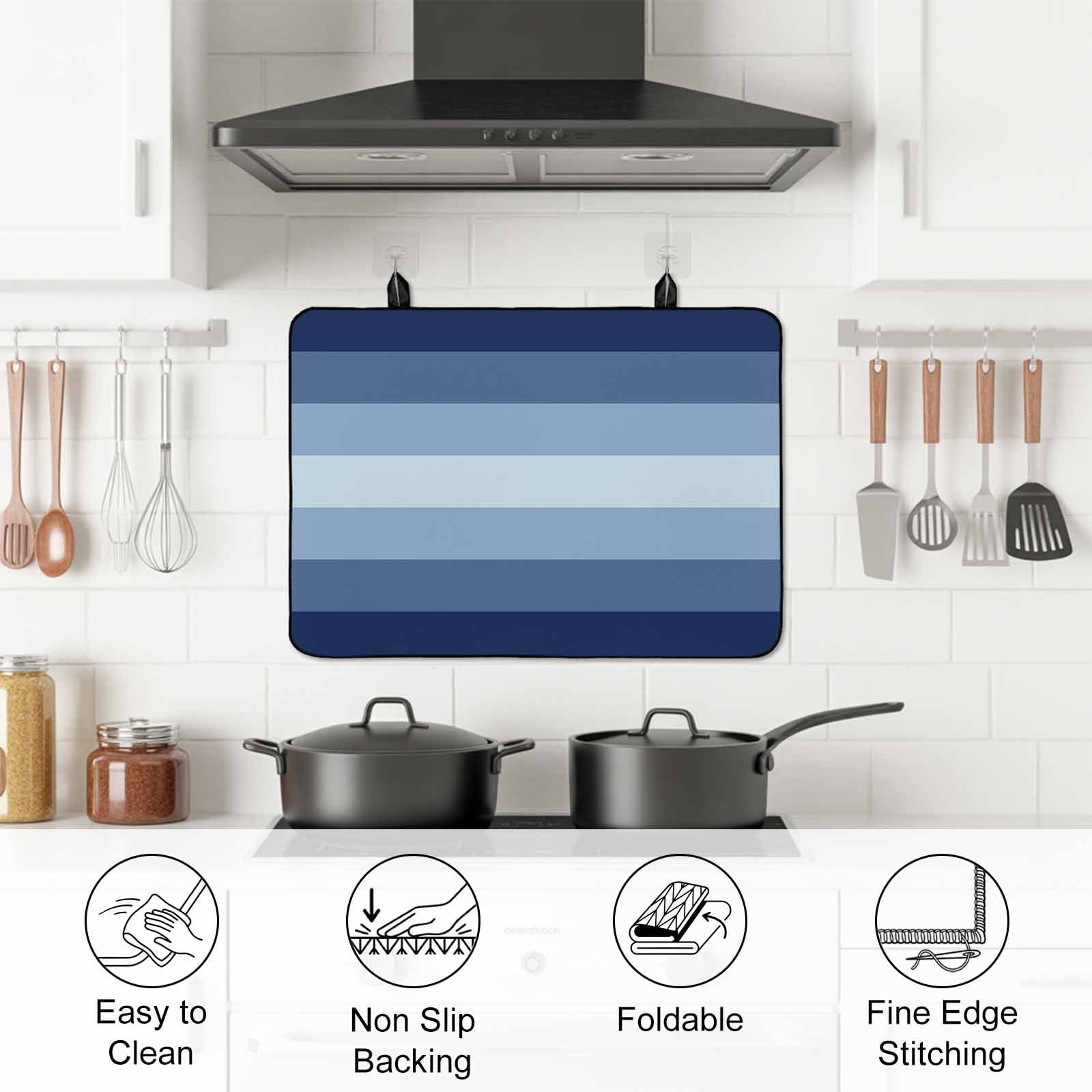 Navy Blue Ombre Stove Top Cover for Electric Stove, Heat-proof & Non Slip Glass Top Stove Cover Protector, Gradient Navy Blue Woods Farmhouse Kitchen Flat Cooktop Rubber Mat 36x21 Inches