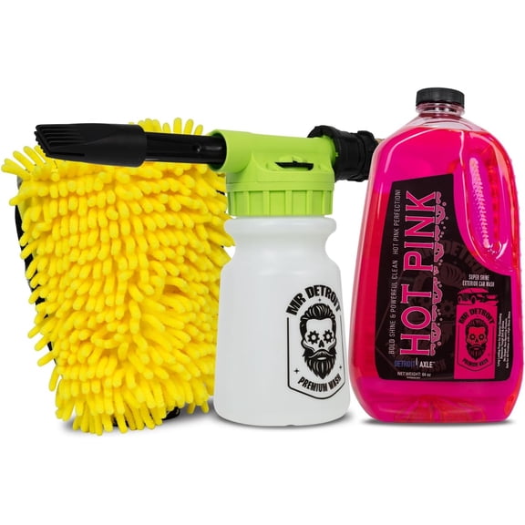 Mr. Detroit - 3pc Car Wash Kit with Foam Blaster, 64oz Car Soap, Chenille Wash Glove, Scratch-Free Cleaning Foam Gun Streak-Free Exterior Cleaner for Auto Cleaning & Home Use