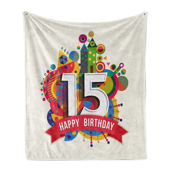 15th Birthday Soft Flannel Fleece Throw Blanket, Colorful Fun Composition with Geometrical Elements Greetings Celebration, Cozy Plush for Indoor and Outdoor Use, 60" x 80", Multicolor, by Ambesonne