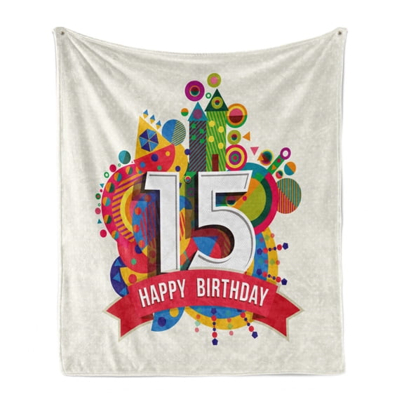 15th Birthday Soft Flannel Fleece Throw Blanket, Colorful Fun Composition with Geometrical Elements Greetings Celebration, Cozy Plush for Indoor and Outdoor Use, 50" x 60", Multicolor, by Ambesonne