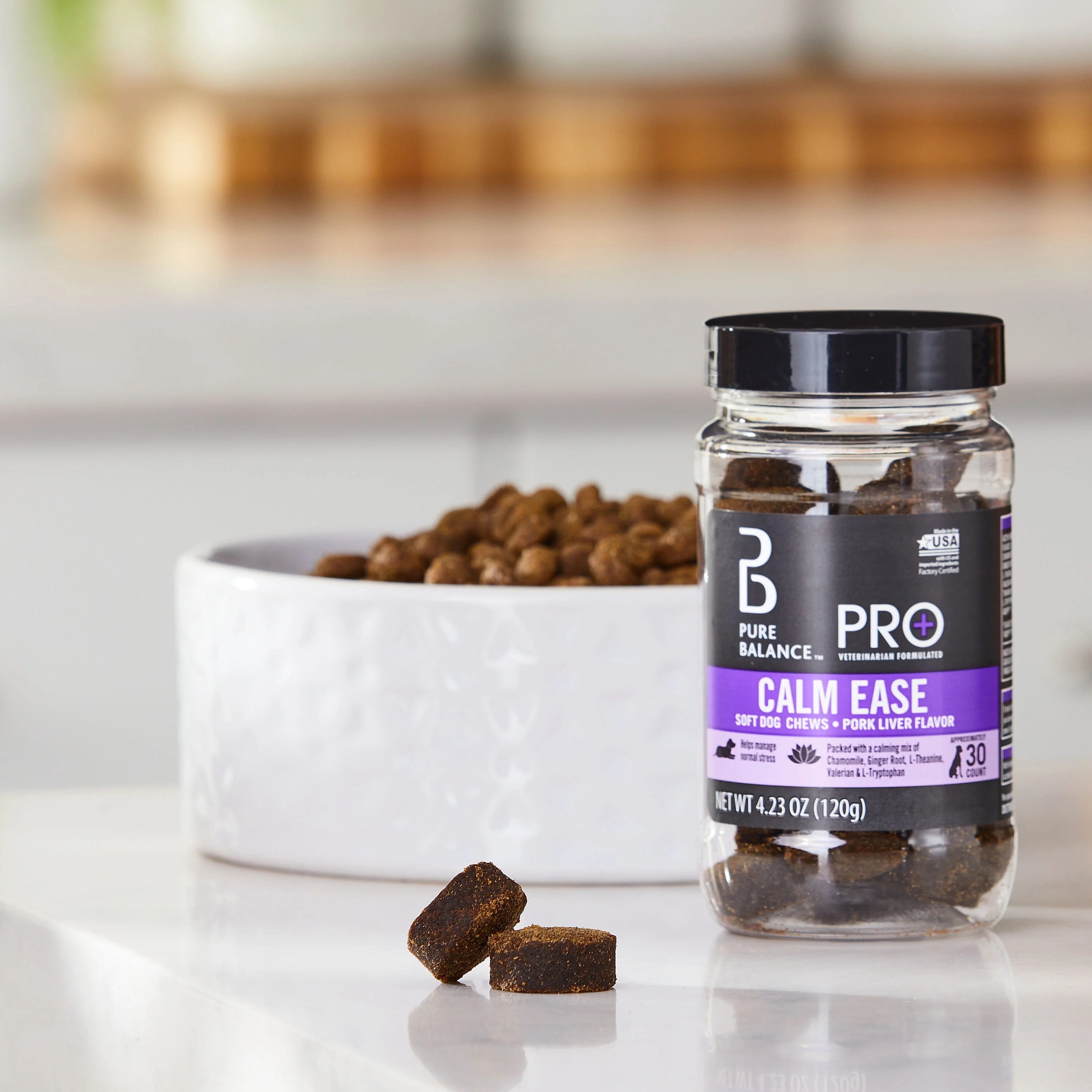 Pure Balance Pro+ Calm Ease for Dogs, Calming Supplement, Pork Liver Flavor, 30 Count Soft Chews