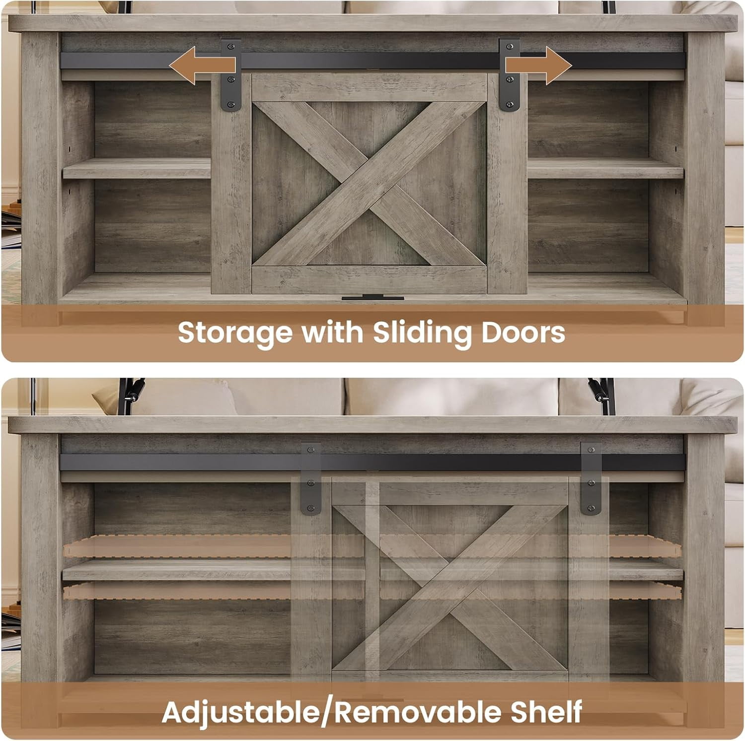 31.5" Square Lift Top Coffee Table, Farmhouse Coffee Table with Ample Storage, Wood Center Table with Sliding Doors and Large Hidden Space for Living Room Home Office, Grey