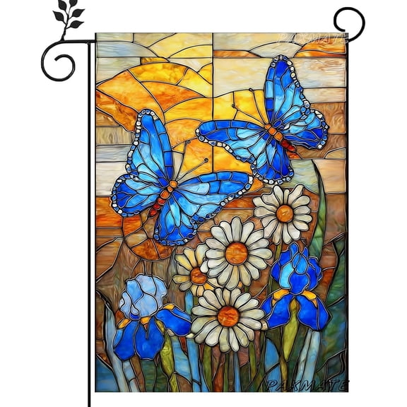 Stained Glass Butterfly Garden Flag, Double Sided Blue Butterfly Daisy Floral Yard Flag for Spring and Summer Outdoor Lawn Porch Decor, 12 x 18 Inches