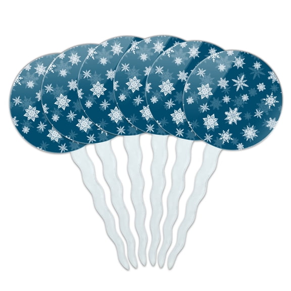 Snowflakes on Blue Tile Pattern Cupcake Picks Toppers Decoration Set of 6