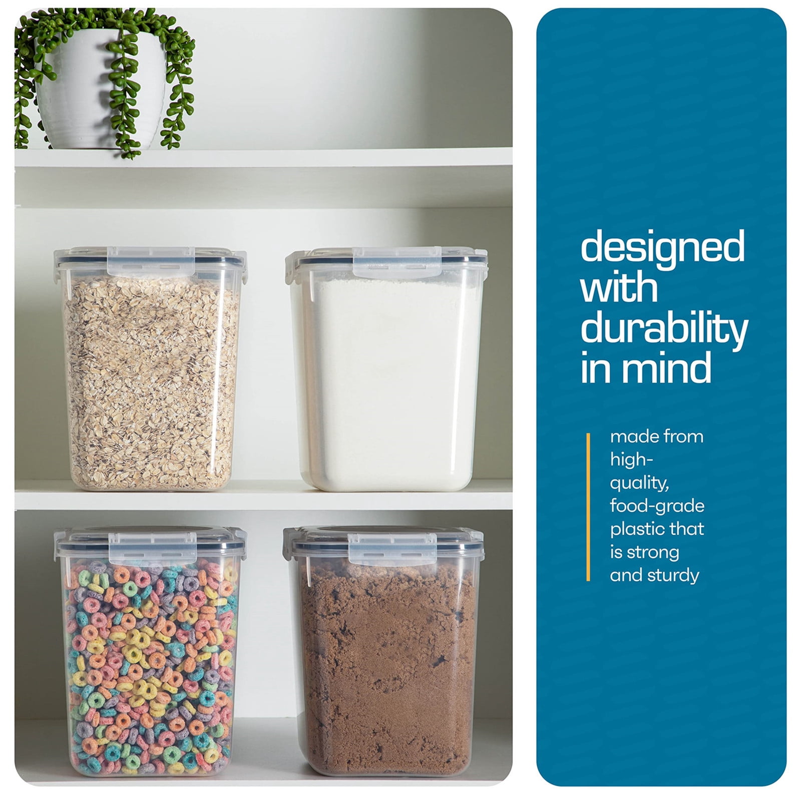 4 Pack Large Food Storage Containers with Lids – 5.2L Airtight Kitchen Canisters for Flour, Sugar, Rice, Pasta & Pantry Organization, BPA-Free Plastic, Stackable