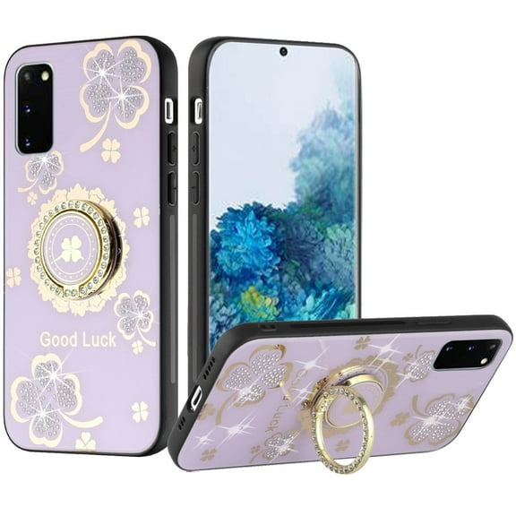 For Samsung Galaxy S20 Fashion 3D Diamond Bling Sparkly Ornaments Engraving Hybrid Ring Stand Cover ,Xpm Phone Case [ Purple Good Luck Floral ]