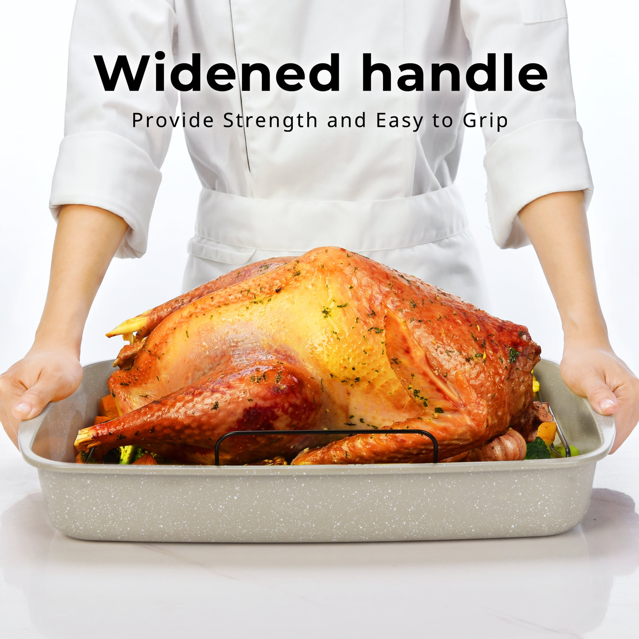 Mainstays Non-Stick Carbon Steel Roaster Pan with Wire Rack, 18.9 in, Speckle Beige, 0.5 mm