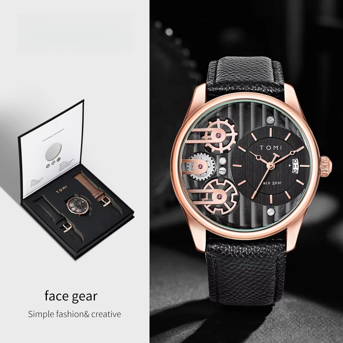 Men's Minimalist Quartz Watch with Leather Strap, Business Casual Wristwatch with Detachable Double Strap Gift Box, Round Analog Watch for Men, Elegant Everyday Dress Watch Gift
