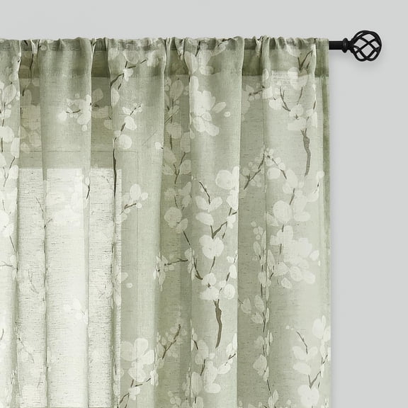 Linen Sheer Curtains for Bedroom, Sage Green Blossom Print Curtains 84 Inches Long for Living Room,Floral Patterned Farmhouse Curtain Light Filtering Window Drapes 2 Panels, Rod Pocket