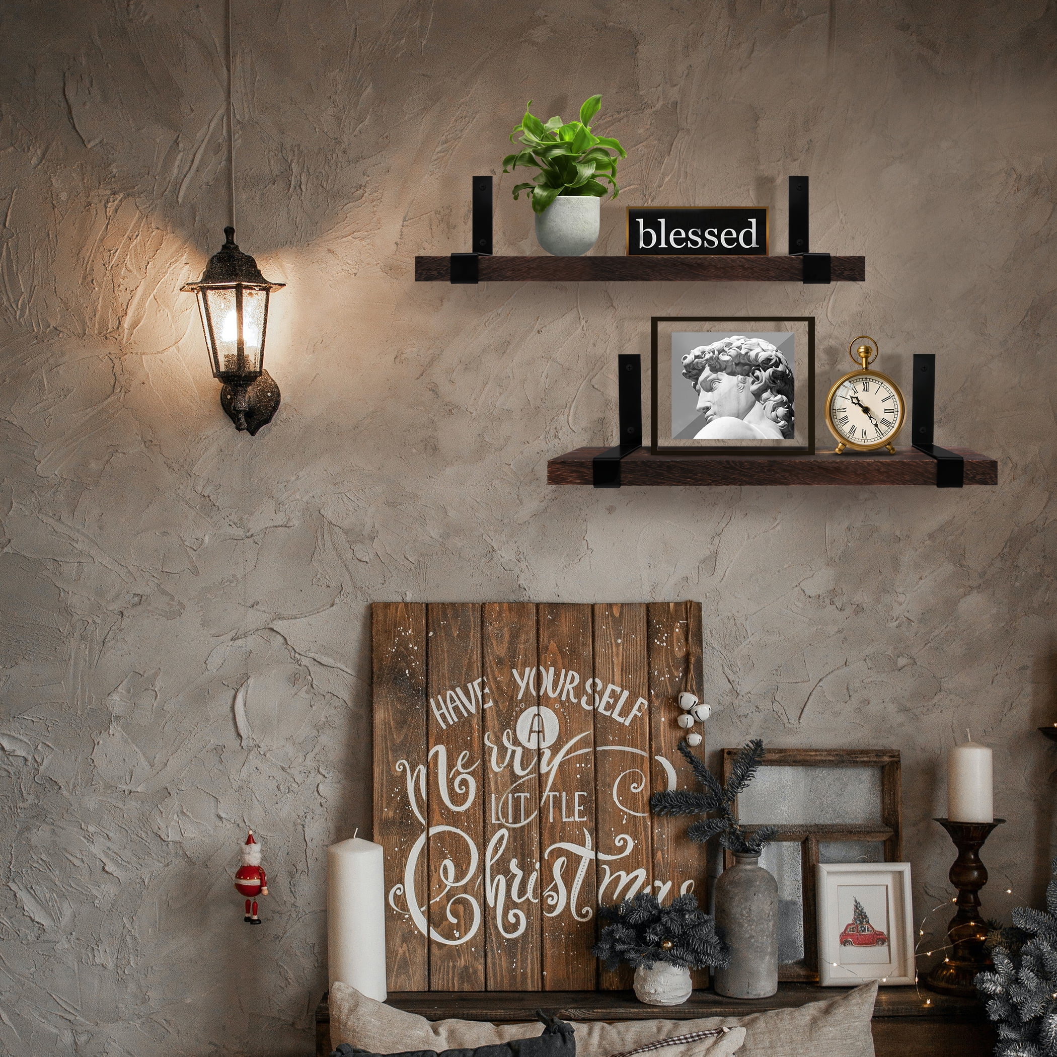 Lavievert Wall Mounted Floating Shelves Set of 2, Rustic Wood Storage Rack with Industrial L-Shaped Metal Bracket for Bedroom, Living Room, Bathroom, Kitchen, Office - Rustic Brown