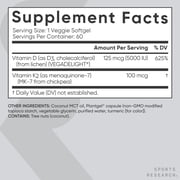 Sports Research® Vitamin D3 K2 - 5000iu of Vegan D3 & 100mcg of Vitamin K2 as MK7 - (60 Softgels)