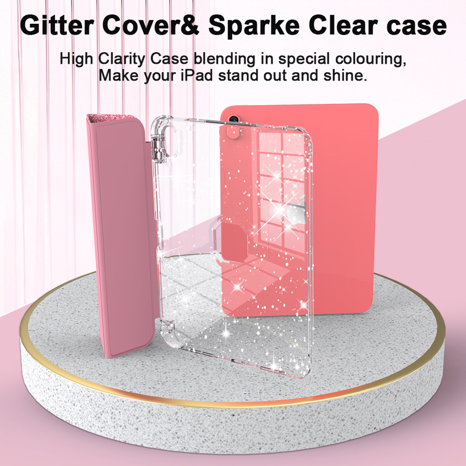 ELEHOLD Glitter Case for  iPad 9th/8th/7th Generation with Pencil Holder,  Auto Sleep/Wake Magnetic Stand Cover, Sparkly Clear Back Shell with Tri-Fold Stand , Pink