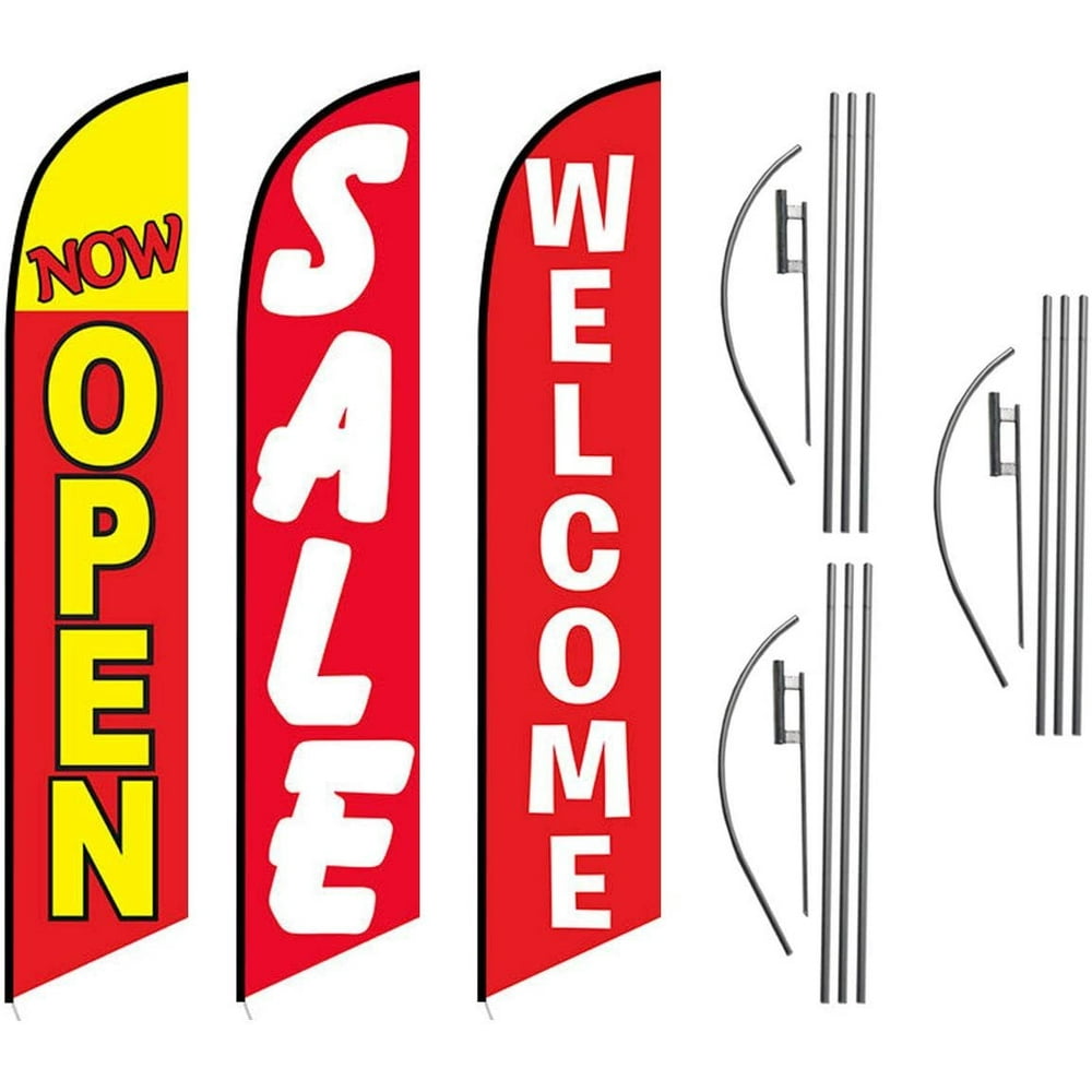Now Open Sale Advertising Feather Flag Kits Package, Includes 3 Banner Flags, 3 Flag
