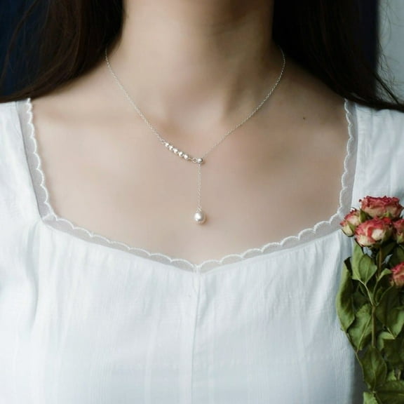 Natural Freshwater Pearl Necklace, Dainty Silver Y Chain Bridal Bridesmaids Wedding Lariat - Shanali Jewelry