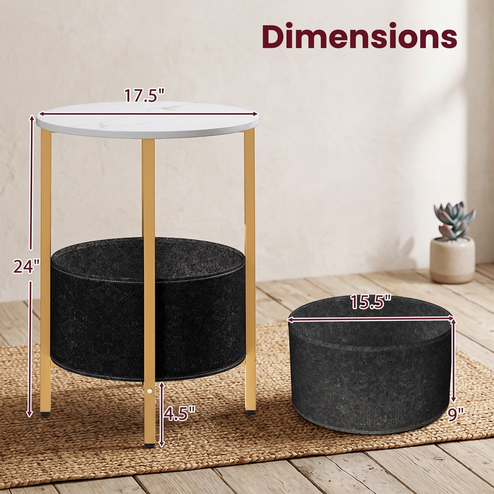 Furnibear Round End Table 2-Tier Side Table with Removable Fabric Basket and Sturdy Metal Frame for Living Room Bedroom Study Nightstand Storage, White