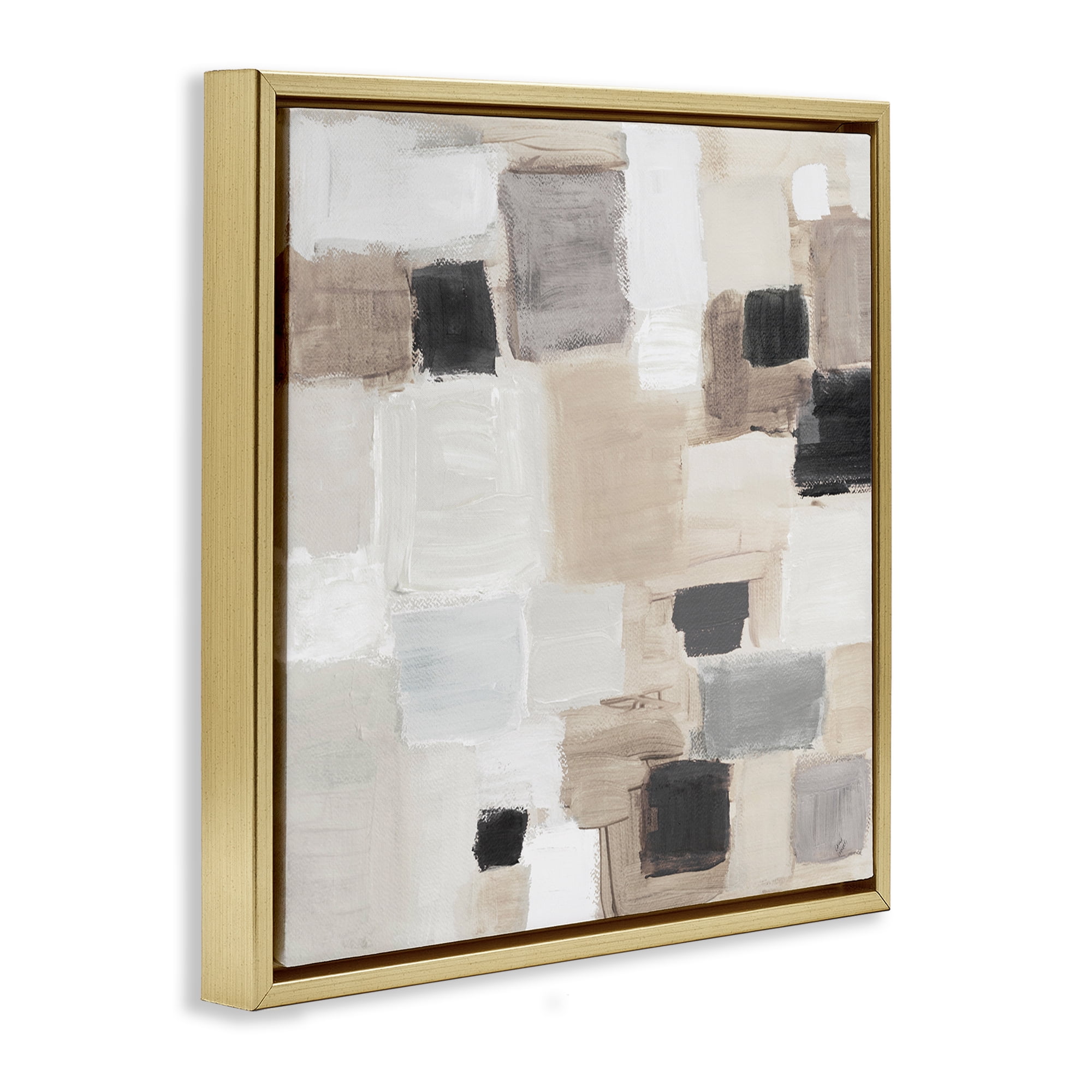 Stupell Industries Neutral Square Patchwork Abstract Painting Gold Floater Framed Canvas Art Print Wall Art, 25 x 25