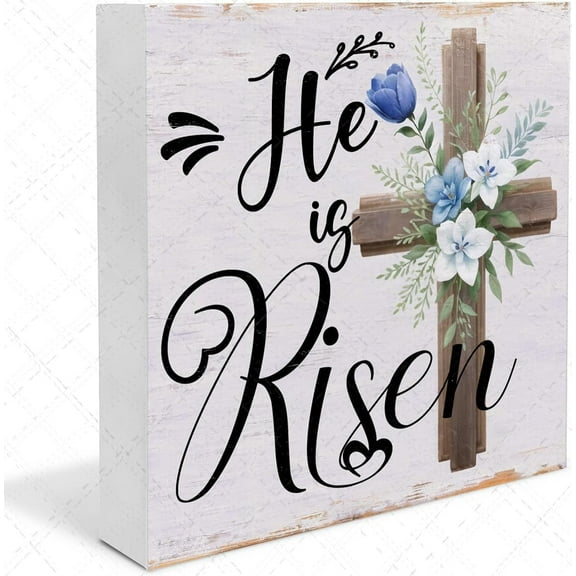 Easter Christian Decorations Religious Gifts for Women Men Friend He Is Risen Sign Home Office Desk Decor Easter Wood Box Sign Rustic Farmhouse Spring Flower Wall Art Decor 5x5 In