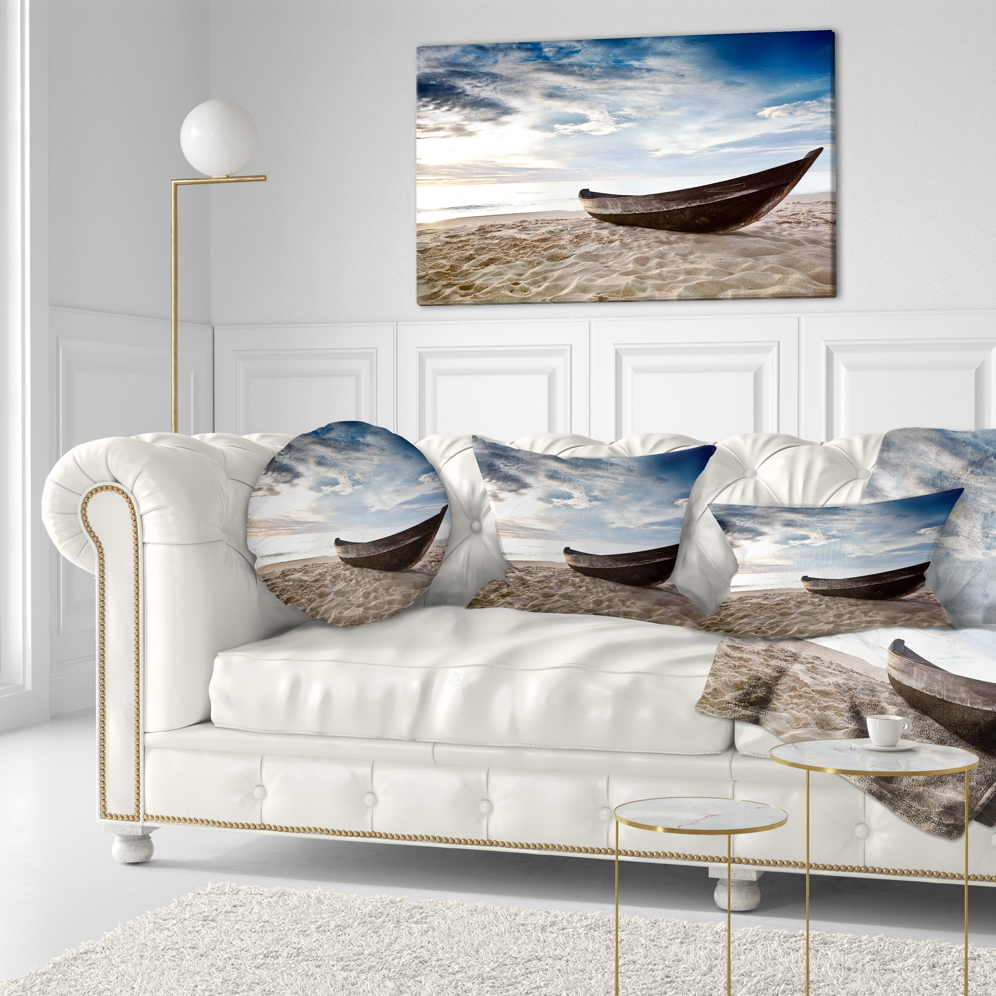 Designart Old Fisherman Boat - Seashore Photography Throw Pillow - 12x20