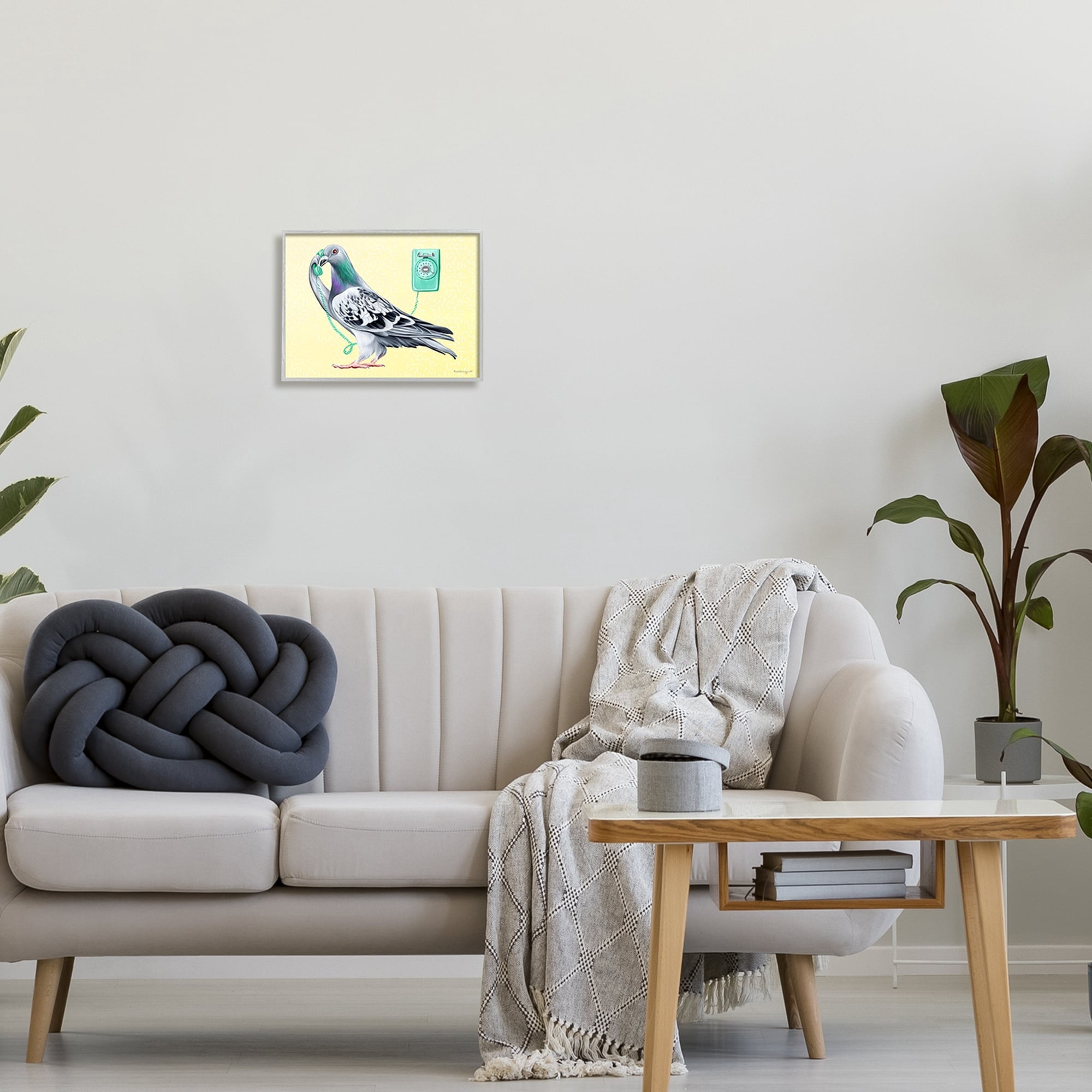 Stupell Industries Pastel Pigeon Vintage Phone Call Yellow Background Graphic Art Gray Framed Art Print Wall Art, Design by Amelie Legault