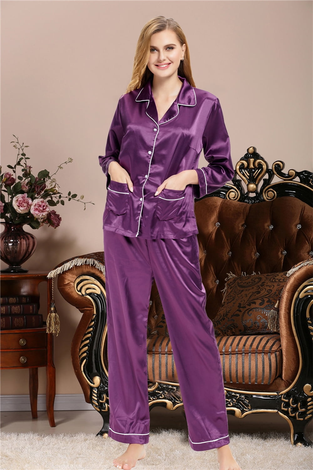 iClosam Women's Plus Size Pajama Set Long Satin Sleepwear Nightwear Silk Pj  Lounge Set with Pockets - Walmart.com