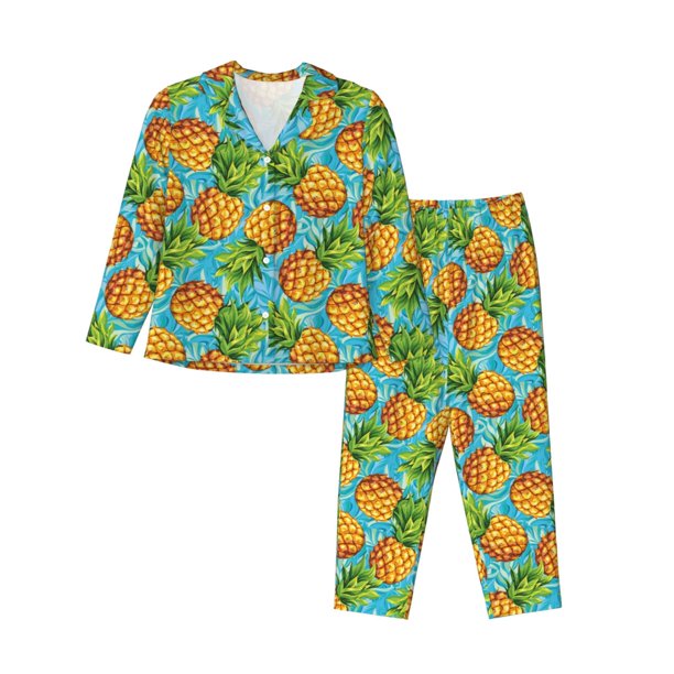 Balery Pineapple Conjunto de Pijama con Estampado para Mujer, Conjunto de Dos Piezas con Manga Larga, Ropa de Dormir Suave con Bolsillos, Pijamas Cómodos-Medium