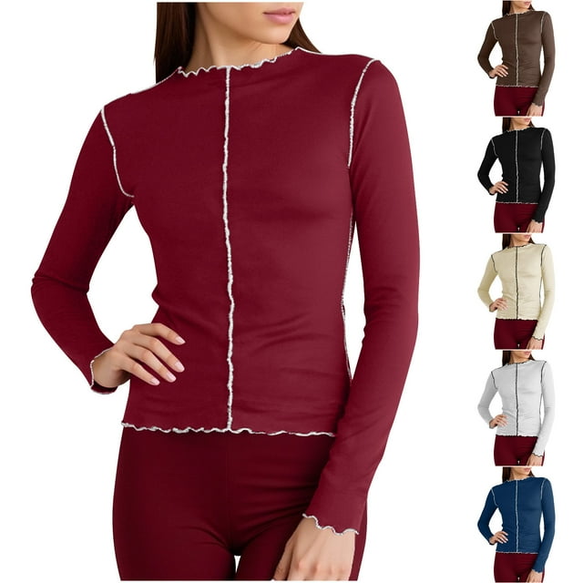 Sudaderas con capucha para mujer,Camiseta de manga larga con cuello alto y bordes enrollados en color contrastante para mujer, corte ajustado, uso diario informal, mezcla de nailon, sopatenor
