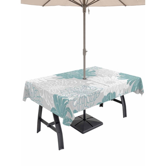 Outdoor Tablecloth with Umbrella Hole and Zipper, Turquoise White Floral Rectangle Table Cloth 54x80 Inch Waterproof Tablecloth, Elegant Chrysanthemum Farmhouse Picnic Table Cover for Patio Camping