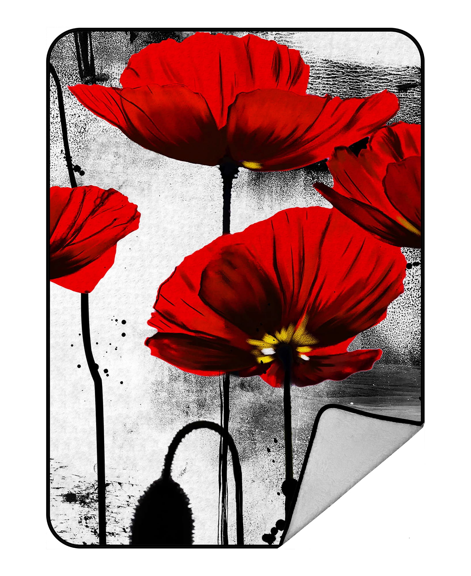 GCKG Vintage Red Poppy Flower Ink Painting Art Fleece Blanket Throw