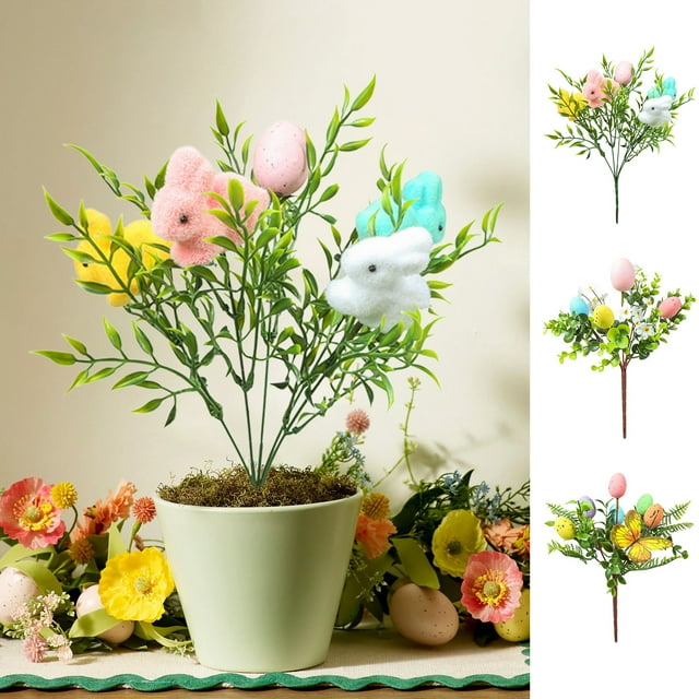 Fiudx Decoración de Conejito de Pascua, Diseño de Huevo Colorido y Hojas Verdes, Material Plástico Ligero, Decoración Festiva, Adorno de Mesa, Tamaño 35 Cm