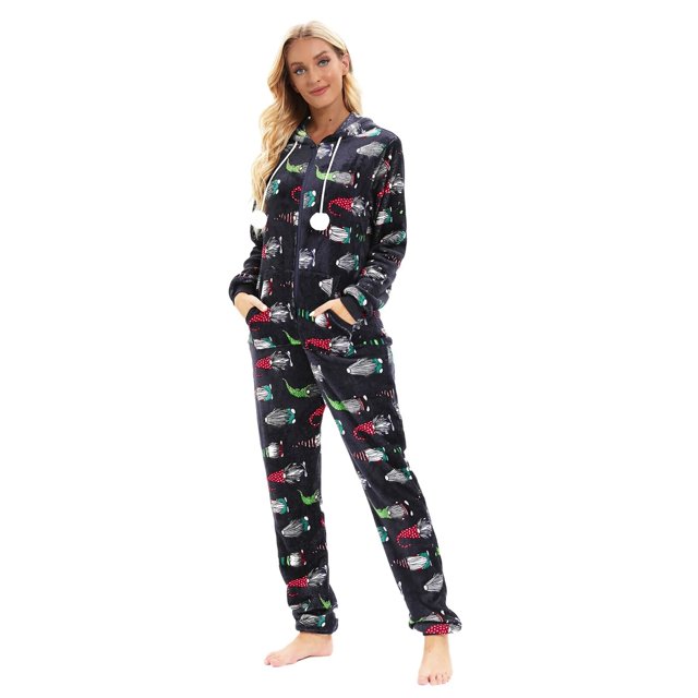 Pijama de lana para mujer, ropa de dormir con estampado navideño, mono grueso con capucha, peleles de felpa de manga larga para discoteca