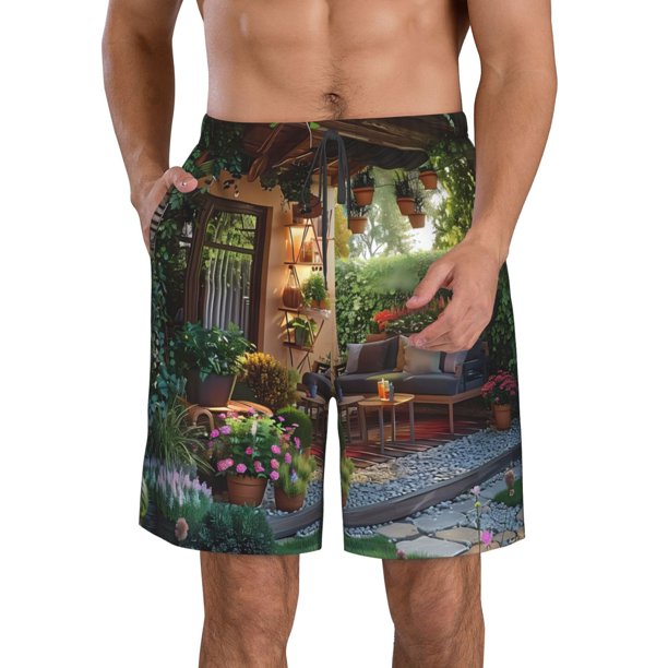 Fotbe Charming Garden Patio Trajes de Baño Estampados para Hombre, Shorts de Verano de Secado Rápido, Ropa de Playa, Bañadores-Small