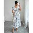 thumbnail image 5 of Blue And White V-Neck Puff Sleeve Waist-Slimming Ditsy Floral Maxi Dress For Women Spring Summer, 5 of 7