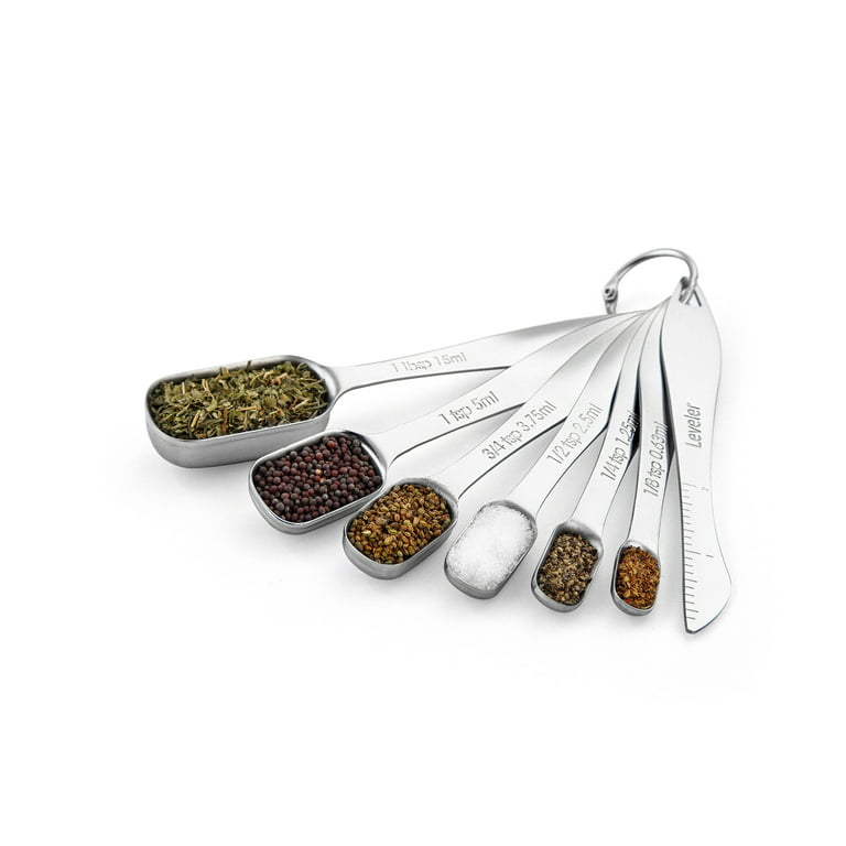 Spring Chef Heavy Duty Stainless Steel Metal Measuring Spoons for Dry or Liquid, Fits in Spice Jar, Set of 6 with Bonus Leveler, Size: Rectangular