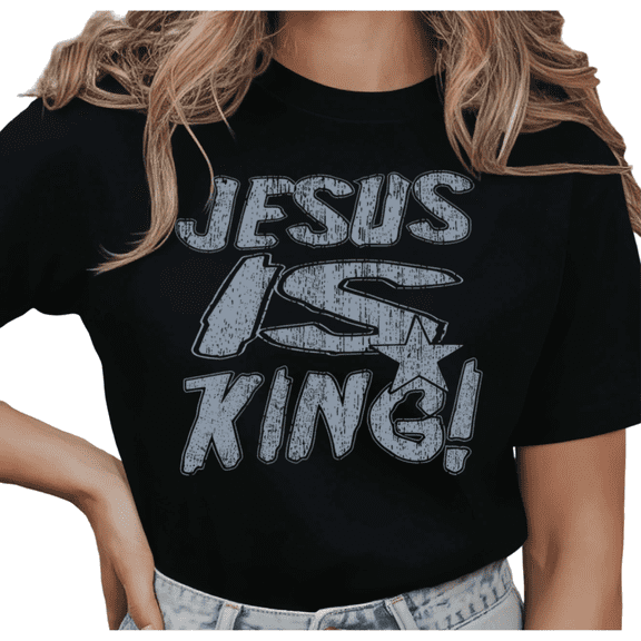 Women's Jesus Is King Distressed Christian Aesthetic Graphic Comfortable T Shirt Short Sleeve Round Neck Top Black S-5XL