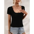 thumbnail image 3 of Top de punto con cuello en U Ticfox para mujer camisa de punto de manga corta ajustada color puro informal para el hogar diario al aire libre Negro XL, 3 of 8